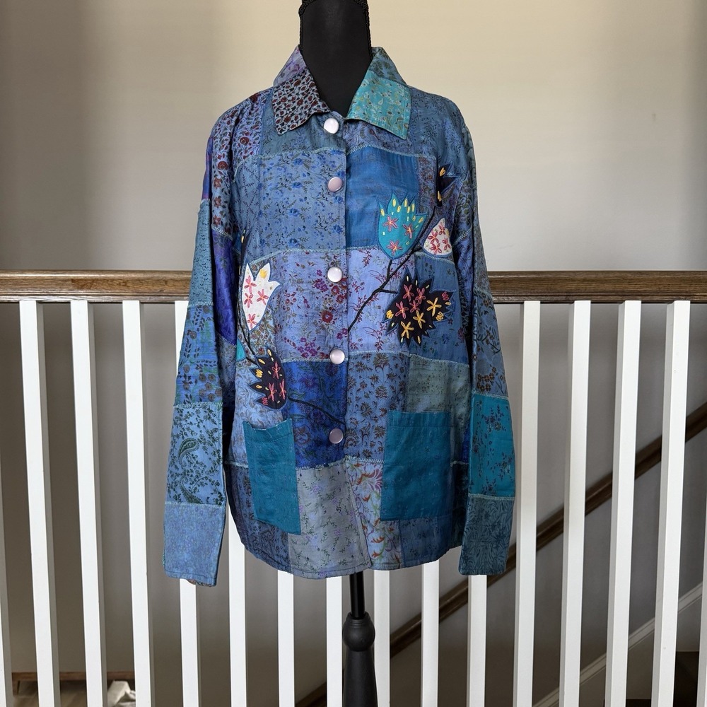 Parsley‎ & Sage 100% Silk Patchwork Embroidered Shacket Shirt Jacket Artsy Large